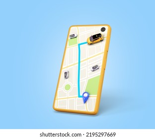 Ordering A Taxi Cab Online Internet Service Transportation Concept Navigation Pin Pointer With  Yellow Taxi On Phone Screen 3d Render Illustration On Blue Gradient