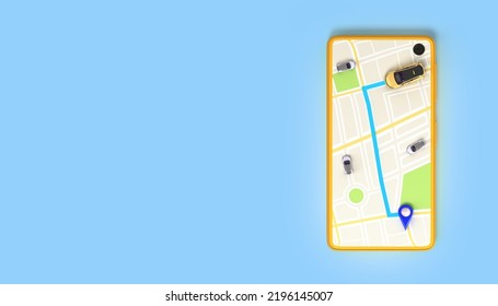 Ordering A Taxi Cab Online Internet Service Transportation Concept Navigation Pin Pointer With  Yellow Taxi On Phone Screen 3d Render Illustration On Blue Gradient