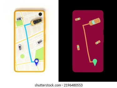 Ordering A Taxi Cab Online Internet Service Transportation Concept Navigation Pin Pointer With  Yellow Taxi On Phone Screen 3d Render Illustration On White With Alpha