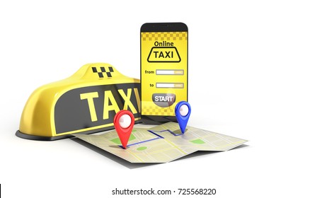 Ordering a taxi cab online internet service transportation concept navigation pin pointer with checker pattern and yellow taxi and phone 3d render on white