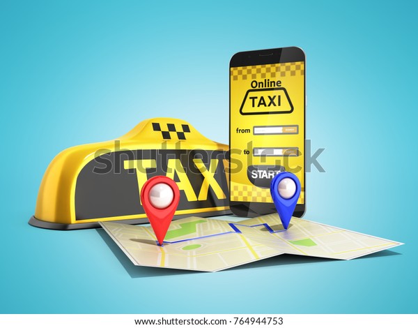 Ordering a taxi cab\
online internet service transportation concept navigation pin\
pointer with checker pattern and yellow taxi and phone 3d render on\
color\
background