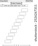 Ordinal numbers from 1 to 10 in Black and white colors in a Stair shope and Printable  worksheet