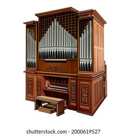 Organ, ealistic drawing, 2D graphics, the largest musical wind keyboard instrument, isolated image on a white background