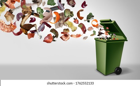 Organic compost waste and composted food and composting pile of rotting kitchen scraps as garbage falling into a green bin for natural fertilizer earth with 3D illustration elements. - Shutterstock ID 1762552133