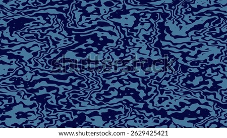 Organic fluid seamless pattern with wavy shapes and camouflage style. Abstract topographic texture in blue color scheme, ideal for background, textile, wallpaper, and packaging.