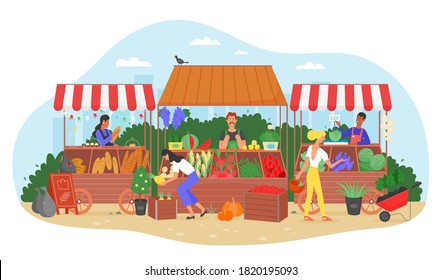 Organic food farm market illustration. Cartoon flat farmer seller character selling fresh harvest fruit and vegetable at street marketplace stall, people in local street fair isolated on white - Powered by Shutterstock