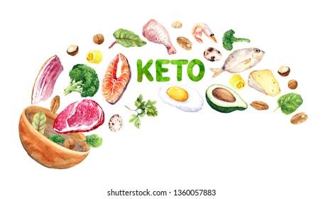 Organic food fly in air from bowl with text "Keto". Hand painting, watercolor illustration of ketogenic diet. Meat, salmon fish, avocado, chicken, cheese, broccoli, egg - Shutterstock ID 1360057883