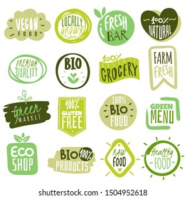 Organic Food Labels. Natural Healthy Meal Fresh Diet Products Logo Stickers. Ecology Farm Eco Food. Nature Green Premium Vegan Badges