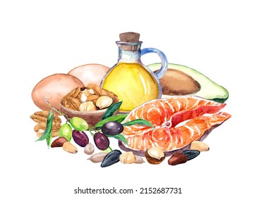 Organic Good Fats Illustration -  Fresh Food Products. Watercolor Red Fish, Eggs, Avocado, Nuts And Seeds, Olives, Oil Bottle