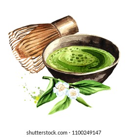Organic Green Matcha Tea Ceremony Watercolor Stock Illustration