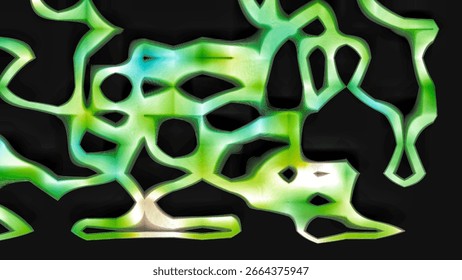 Organic network of interconnected abstract shapes in vibrant shades of green and teal against a dark background, suggesting growth, biology, or technology. Digitally generated image.