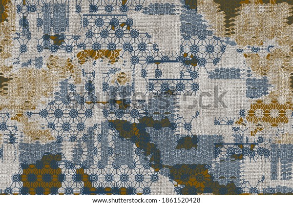 Organic neutral   textures, Watercolour collage\
print Japan folk pattern. Organic textile. Japanese natural\
texture. Indigo\
batik.