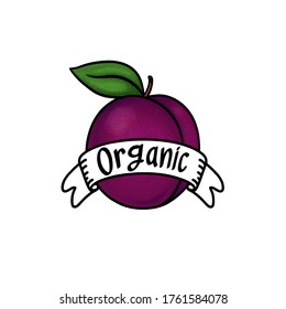 Organic Plum Illustration On White Background; Isolated Purple Fruit Cartoon; Organic Food Banner