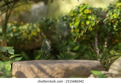 Organic Podium For Cosmetics Product Presentation In Natural Green Environment (3d Rendering)