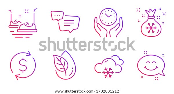 Organic product,\
Safe time and Dollar exchange line icons set. Text message, Bumper\
cars and Santa sack signs. Snow weather, Smile chat symbols. Leaf,\
Hold clock. Business\
set.