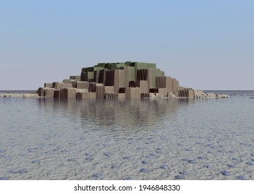 An organic rock castle emerging from the water. 3d illustration