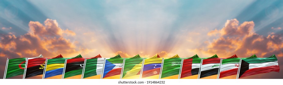 Organization of the Petroleum Exporting Countries. OPEC flags waving with texture background- 3D illustration - 3D render