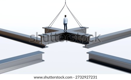 Organizational synergy and foundational infrastructure optimization, man standing at central nexus of steel crossbeams, 3d render