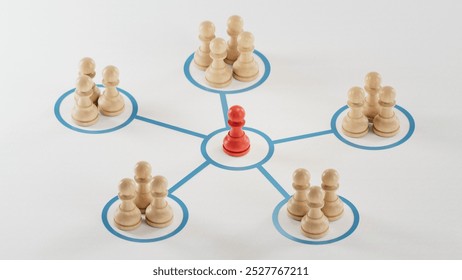 Organized groups managed by a leader. 3D ilustration of pawns with different colors.3D rendering on white background.
