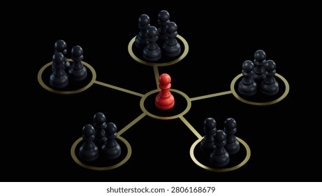 Organized groups managed by a leader. 3D ilustration of pawns with different colors.3D rendering on black Screen for footage and clipping path.