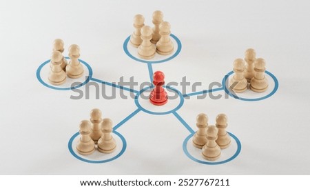 Organized groups managed by a leader. 3D ilustration of pawns with different colors.3D rendering on white background.
