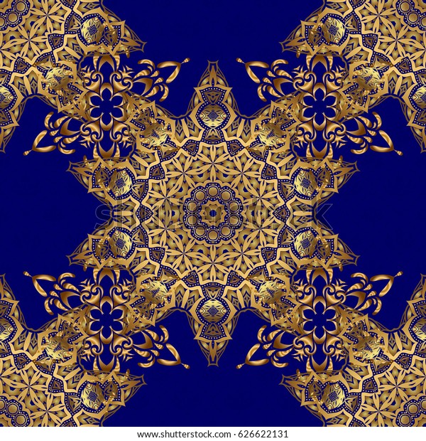 Orient textile\
print for bed linen, jacket, package design, fabric and fashion\
concepts. Golden grid seamless pattern with abstract flowers and\
stars on a blue\
background.