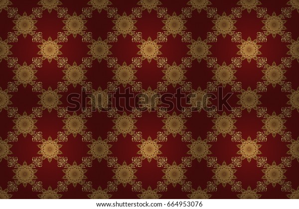 Orient textile\
print for bed linen, jacket, package design, fabric and fashion\
concepts. Raster golden grid seamless pattern with abstract flowers\
and stars on a red\
background.