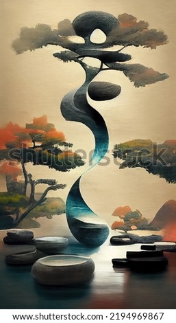 Oriental abstract landscape illustration. Japanese ink watercolor wash painting style. Asian traditional minimal art design background. 3D illustration.