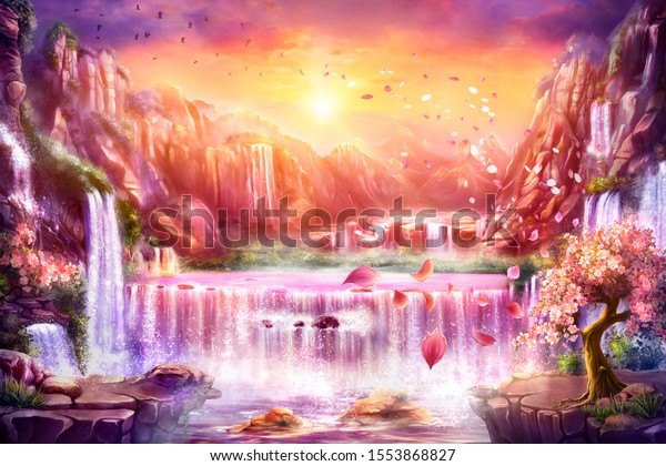 東洋の背景にデジタルアート 滝と咲く桜の夜明けの山の幻想的な風景のイラスト のイラスト素材