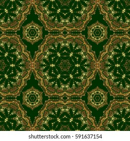 Oriental classic pattern. Abstract seamless pattern with golden repeating elements on green background. Vintage green and golden pattern.