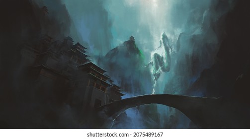 Oriental dragon hovering among canyon buildings, 3d illustration.