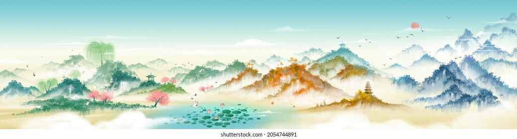 Pintura de paisajes de tinta oriental. Cuatro temporadas en una foto, pintura colorida clásica del paisaje de tinta.