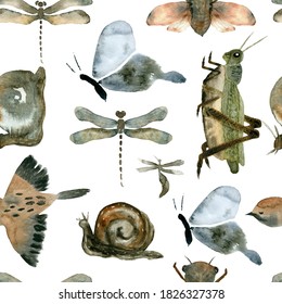 Oriental Japan Vintage Magic Watercolor Seamless Pattern With Cicada, Grasshopper, Goby, Dragonfly, Bird, Snail.