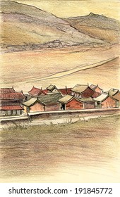 Oriental mongolian village houses with chinese roofs watercolor pencil painting illustration