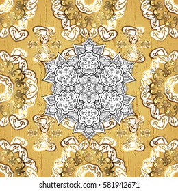 Oriental ornament. On yellow background with golden elements. Golden pattern.