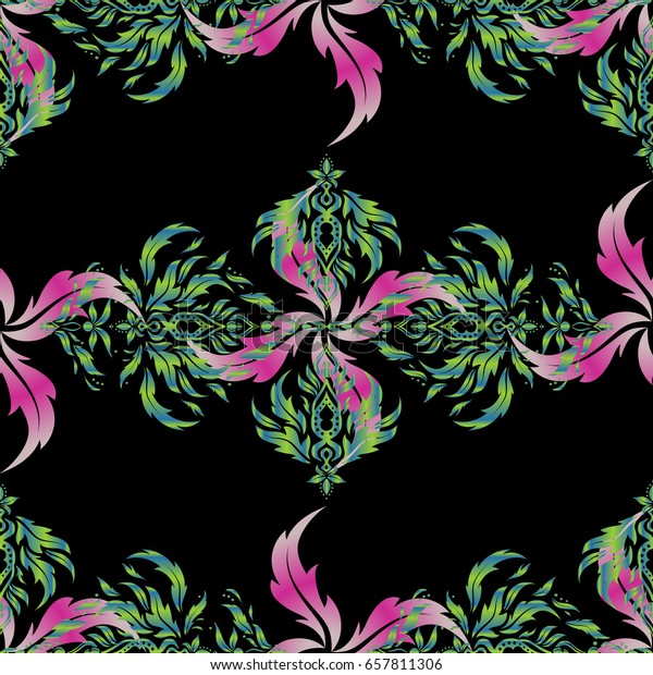 Oriental\
ornament for textile print. Islamic design. Seamless pattern in\
magenta and green colors overblck\
backdrop.