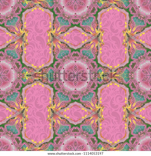 Oriental ornament for textile print, printing or\
fabric. Islamic design. Seamless pattern in green, pink and yellow\
colors.