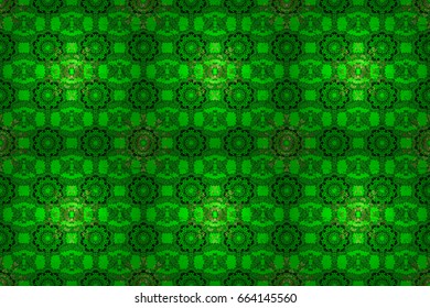 Oriental style arabesques. Golden textured curls. Colored pattern on green background with golden elements. Raster golden pattern.