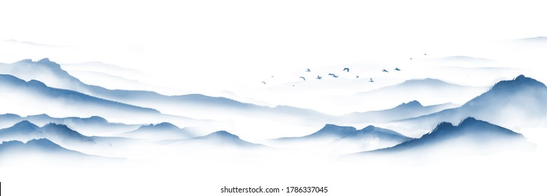 Landscape View Silhouettes Mountains Next Lake Stock Illustration ...