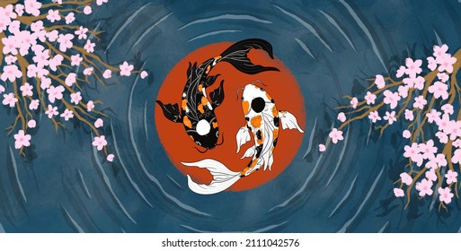 Oriental Yin Yang Koi In A Pond With Cherry Blossom Branches At The Side With Centered Red Circle Art, Graphic Design For Kawaii Desk Mat