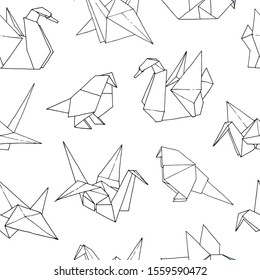Origami birds shapes seamless pattern, hand drawn folder paper japan art animals background: crane, swan, dove, parrot