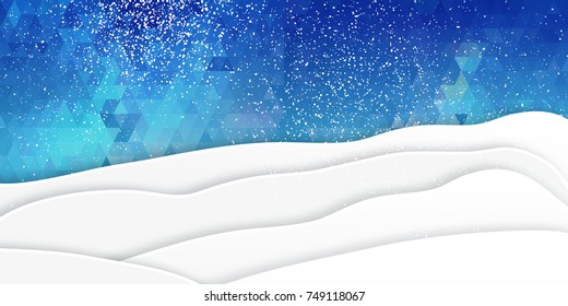 Origami Merry Christmas Greeting Card With Snow Winter Cutout Paper Landscape On Blue Space Background. Happy New Year Holiday. Seasonal Design Illustration