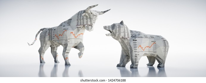Origami style bull and bear - 3D illustration