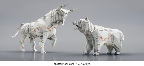 Origami style textured bull and bear - 3D illustration
