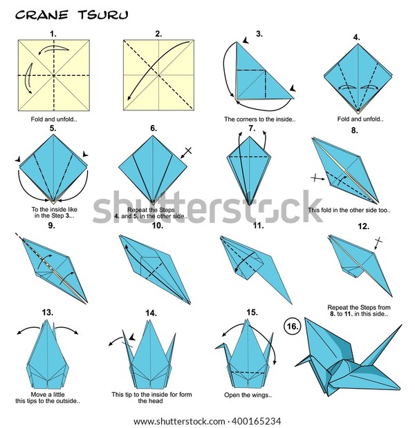 Origami Traditional Japan Crane Tsuru Diagram Stock