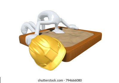 The Original 3D Construction Worker Character Illustration With Head In The Sand