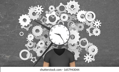 Original 3d illustration of blow your mind clock imposed on many cogwheels and a headless man in T-shirt standing under its dial in the grey backdrop. 