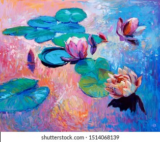 Original Abstract Oil Painting Of  Beautiful Water Lilies.Modern Impressionism.