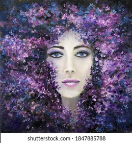 Original abstract oil painting showing woman face  and lavender or lilac flowers on canvas. Modern Impressionism, modernism,marinism