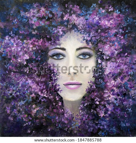 Original abstract oil painting showing woman face  and lavender or lilac flowers on canvas. Modern Impressionism, modernism,marinism